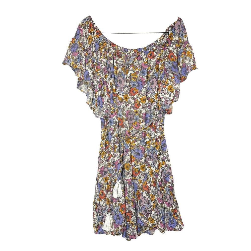 Cynthia Rowley Floral Off Shoulder Mini Dress XL Purple Orange Boho Tassel Belt‎
